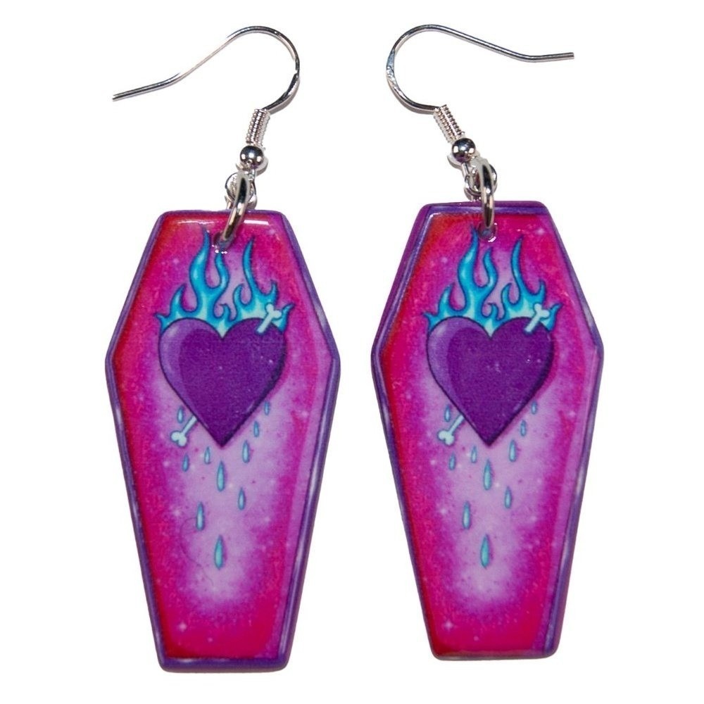 Goth Flaming Heart Coffin Resin Earrings Hypoallergenic Nickel Free‎ 925